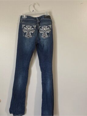 Antique Rivet Dark Blue Skinny Jeans with Embroidered Cross Back Pockets